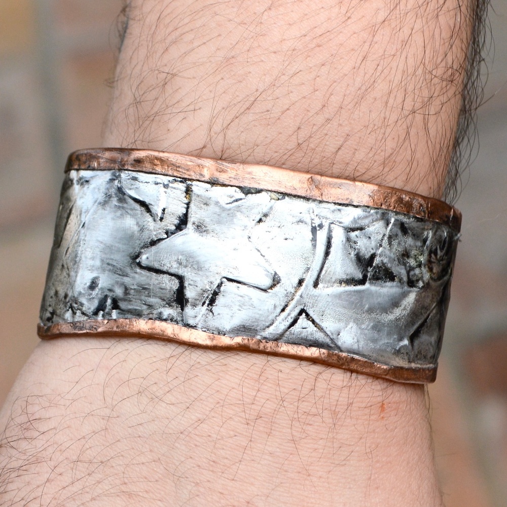 Mens Solid Copper Cuff Bracelet Silver Inlay Star Design Handmade Gift Man - Picture 6 of 7
